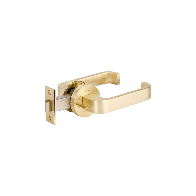 Streamline Door Lever on Round Rose Round Rose Integrated Privacy Set with Latch Satin Brass  Zanda