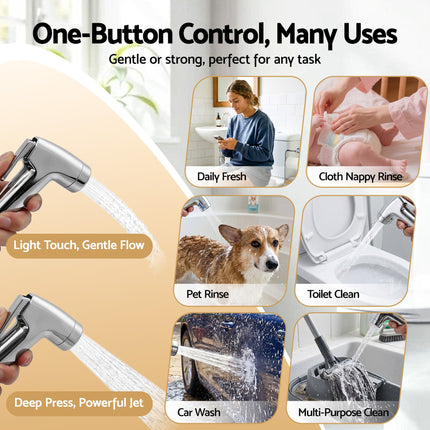Cefito Handheld Bidet Sprayer for Toilet 1.5m Stainless Steel Hose Jet Spray for Feminine Wash Cloth Diaper Pet Bath Adjustable Pressure Bidet Attachment with G1/2 Valve Silver
