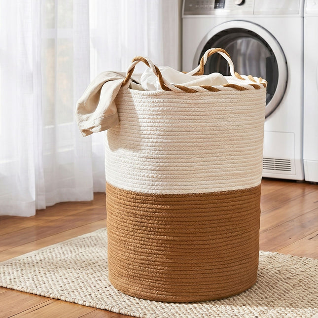 Artiss Woven Laundry Basket with handles Foldable White & Brown DRESS-D-BATH-BRWH