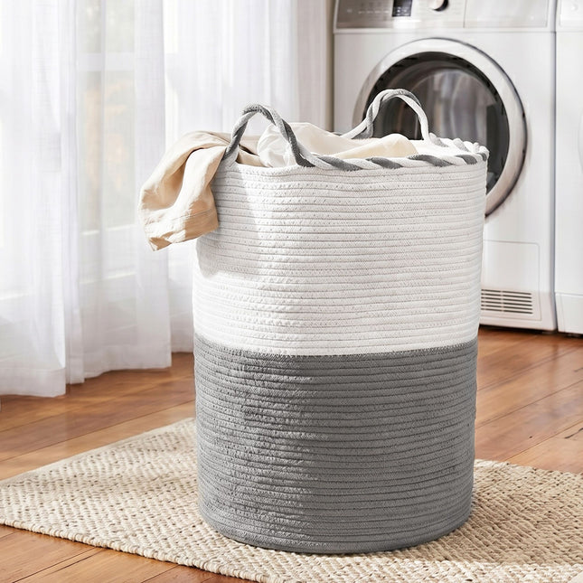 Artiss Woven Laundry Basket with handles Foldable White & Grey DRESS-D-BATH-GYWH