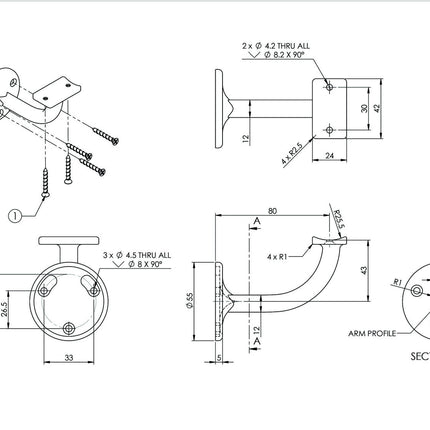 444WHPP | Stair Hand Rail Bracket Extended Visible Fix 80mm White | Emroware