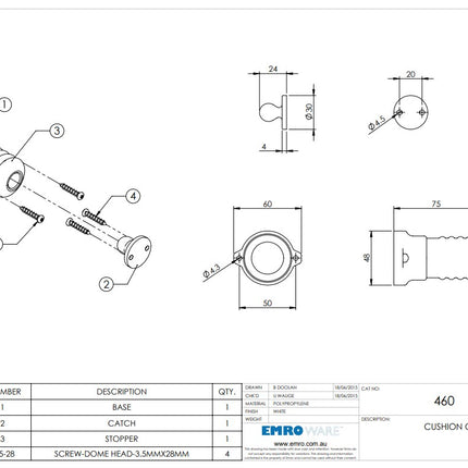 EMR460 Cusion Catch Technical drawing of a mechanical component with dimensions and part numbers.