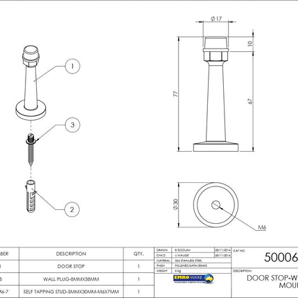 Emroware Door Stop Wall Mounted 78mm Satin Stainless Steel 50006