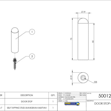 Emroware Door Stop Wall Mounted Satin Stainless Steel 75mm 50012