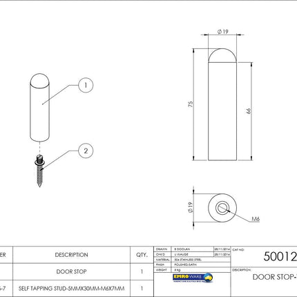 Emroware Door Stop Wall Mounted Satin Stainless Steel 75mm 50012