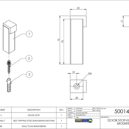 50014MB | Door Stop Wall / Floor Mounted 20x75mm Matt Black | Emroware