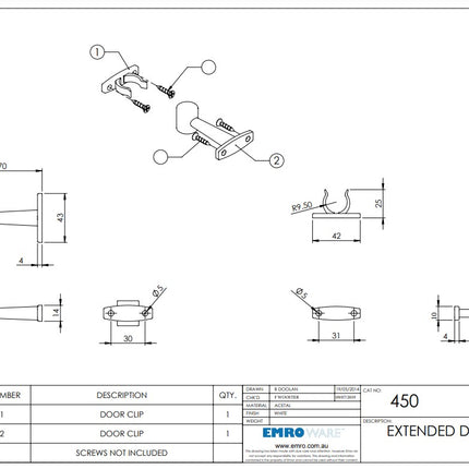 Emro Extended Door Clip and Catch 70mm White 450WHCD