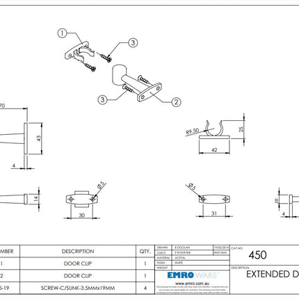 Emro Extended Door Clip White 70mm 450WHS