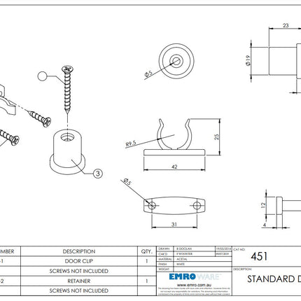 Emroware Standard Door Clip and Catch 25mm White 451WHCD