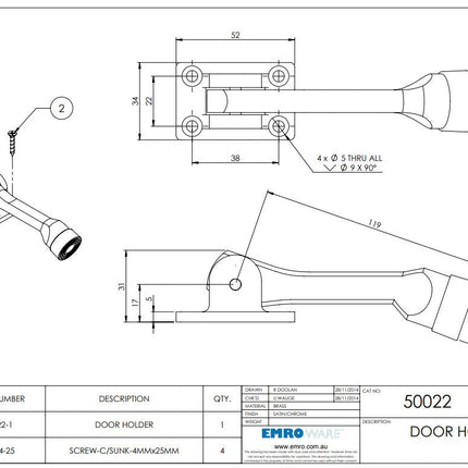 Emroware Door Holder Swing Down Mounted Type Satin 50022