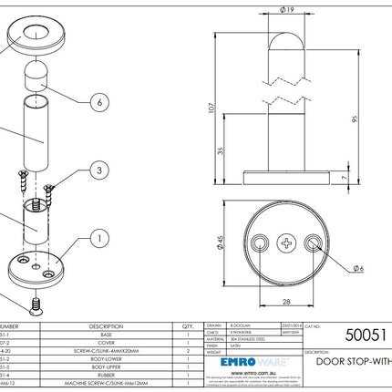 Emro Door Stop With Cover Plate Satin Stainless Steel 75-100mm 50051
