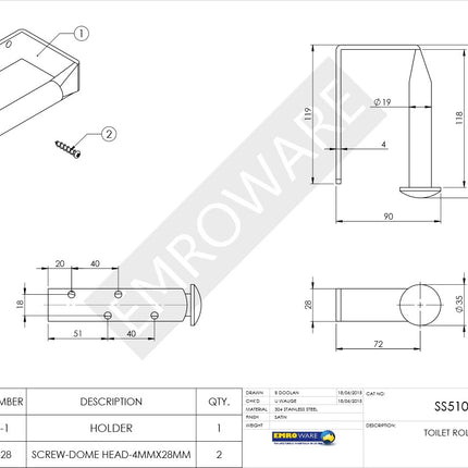 SS510 | Toilet Roll Holder Bathroom Accessory 304 Satin Stainless Steel | Emroware