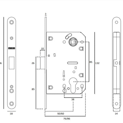 JNF Magnetic Mortise Door Lock 60mm for Euro Cylinder Reversible and Adjustable IN.20.835.60