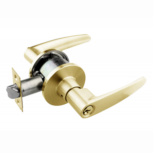 555R E L03 BP | Equatos Door Lever Handle on Round Rose Privacy Polished Brass Box Pack 555R/E/L03BP | N2lok