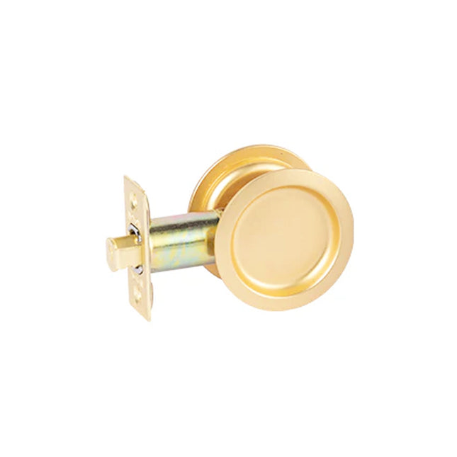 64 RPDL L03 BP | Sliding Door Cavity Lock Round Passage Set Box Pack Polished Brass | N2lok