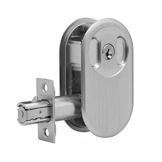 66 RPDL SCP BP | Lockable Cavity Sliding Door Lock Round Box Pack Satin Chrome 66RPDLSCPBP | N2lok
