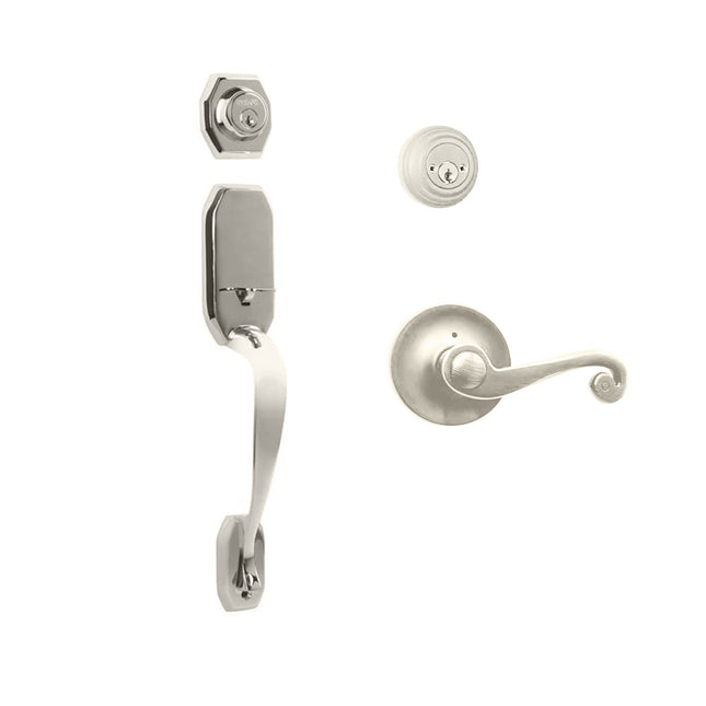 765 GA DC SP/PI SN BP | Garrone Door Handle Double Cylinder with Spiral Lever Entrance Set Box Pack Satin Nickel | N2lok