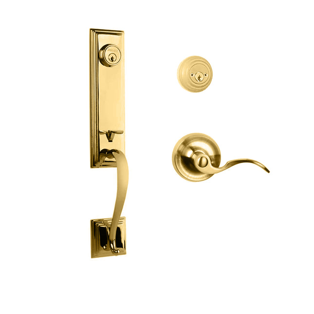 765 SE DC FL/PI SB BP | Seine Door Handle Double Cylinder with Flutto Lever Entrance Set Box Pack Satin Brass | N2lok