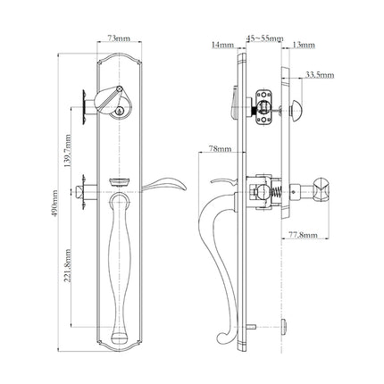 Etna Door Handle Single Cylinder Wave Lever Left Hand Entrance Set Satin Nickel N2LOK