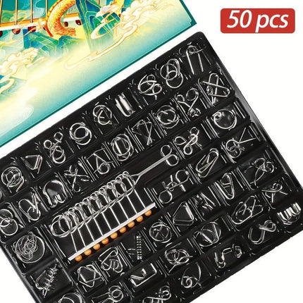 50 piece metal puzzle set, intellectual unlock puzzle, birthday gift, Christmas gift, New Year gift, brain teaser puzzles, problem solving puzzles, metal brain teaser, unlock puzzle set, Australian puzzle - Black - Size 50pcs set