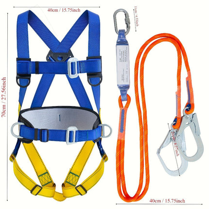 full-body safety harness, roof safety harness, shock-absorbing rope, EVA waist padding, polyester material, ANSI tested, fall protection, OSHA compliant, construction safety harness, elevated work safety - Blue - Size 2M