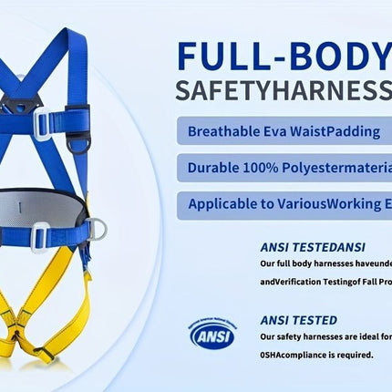 full-body safety harness, roof safety harness, shock-absorbing rope, EVA waist padding, polyester material, ANSI tested, fall protection, OSHA compliant, construction safety harness, elevated work safety - Blue - Size 3M