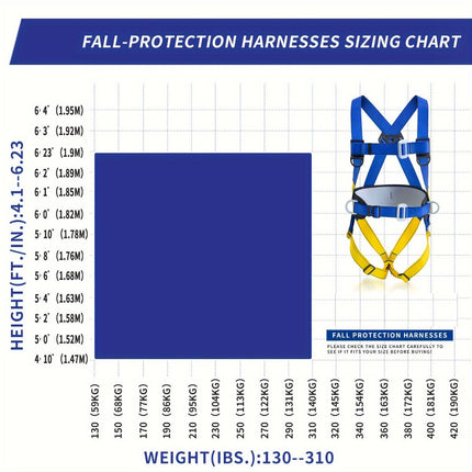 full-body safety harness, roof safety harness, shock-absorbing rope, EVA waist padding, polyester material, ANSI tested, fall protection, OSHA compliant, construction safety harness, elevated work safety - Blue - Size 3M