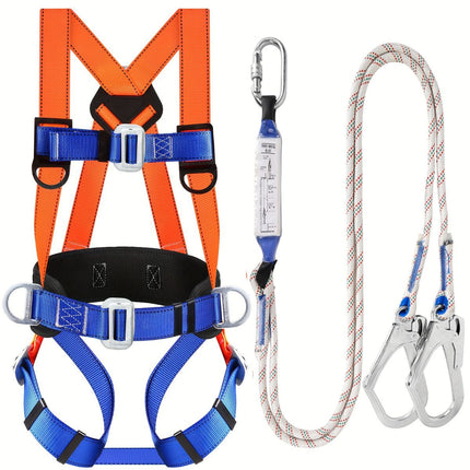 full-body safety harness, roof safety harness, shock-absorbing rope, EVA waist padding, polyester material, ANSI tested, fall protection, OSHA compliant, construction safety harness, elevated work safety - Blue - Size 3M
