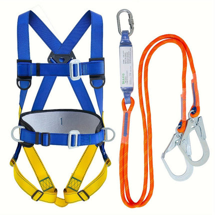 full-body safety harness, roof safety harness, shock-absorbing rope, EVA waist padding, polyester material, ANSI tested, fall protection, OSHA compliant, construction safety harness, elevated work safety - Blue - Size 3M