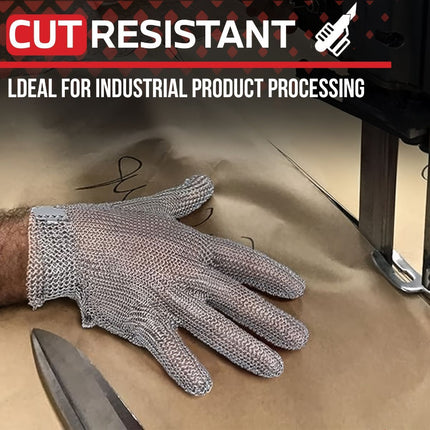 cut-resistant glove, stainless steel chainmail glove, industrial hand protection, adjustable safety glove, meat cutting glove, glass handling glove, Australia work wear, PPE hand safety - Silver - Size S-22CM