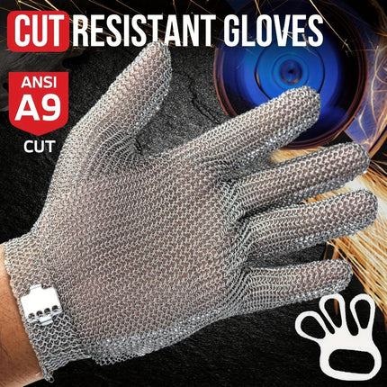 cut-resistant glove, stainless steel chainmail glove, industrial hand protection, adjustable safety glove, meat cutting glove, glass handling glove, Australia work wear, PPE hand safety - Silver - Size S-22CM