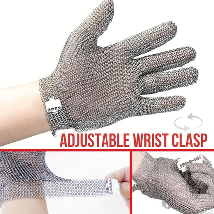 cut-resistant glove, stainless steel chainmail glove, industrial hand protection, adjustable safety glove, meat cutting glove, glass handling glove, Australia work wear, PPE hand safety - Silver - Size XS-21CM