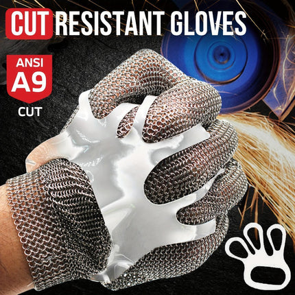 cut-resistant glove, stainless steel chainmail glove, industrial hand protection, adjustable safety glove, meat cutting glove, glass handling glove, Australia work wear, PPE hand safety - Silver - Size XS-21CM