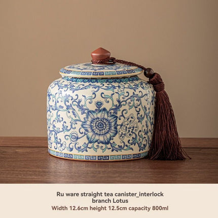 Ru Kiln tea jar, blue-and-white ceramic canister, airtight tea storage, floral tea container, Australian tea accessory - Cyan - Size 11
