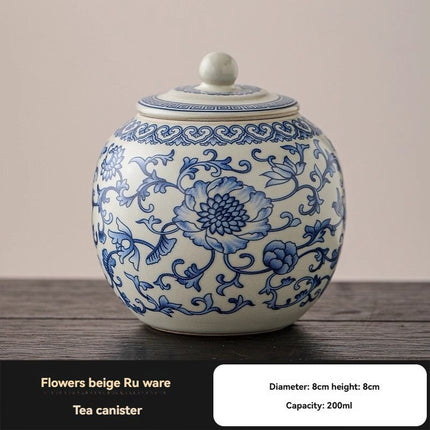 Ru Kiln tea jar, blue-and-white ceramic canister, airtight tea storage, floral tea container, Australian tea accessory - Cyan - Size 12