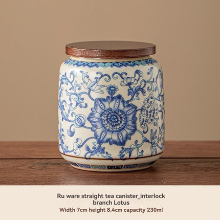 Ru Kiln tea jar, blue-and-white ceramic canister, airtight tea storage, floral tea container, Australian tea accessory - Cyan - Size 12
