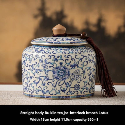 Ru Kiln tea jar, blue-and-white ceramic canister, airtight tea storage, floral tea container, Australian tea accessory - Cyan - Size 12
