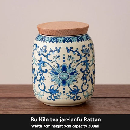 Ru Kiln tea jar, blue-and-white ceramic canister, airtight tea storage, floral tea container, Australian tea accessory - Cyan - Size 14