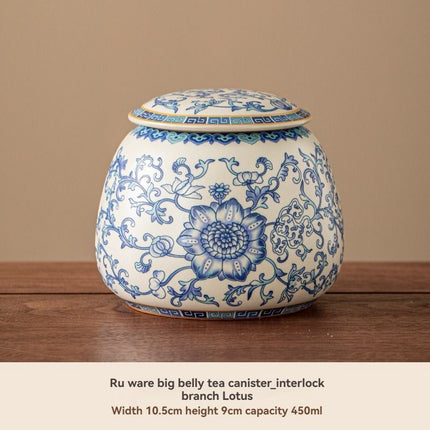 Ru Kiln tea jar, blue-and-white ceramic canister, airtight tea storage, floral tea container, Australian tea accessory - Cyan - Size 2