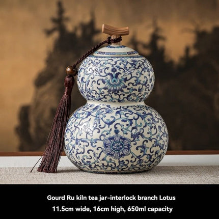 Ru Kiln tea jar, blue-and-white ceramic canister, airtight tea storage, floral tea container, Australian tea accessory - Cyan - Size 2