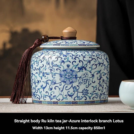 Ru Kiln tea jar, blue-and-white ceramic canister, airtight tea storage, floral tea container, Australian tea accessory - Cyan - Size 6