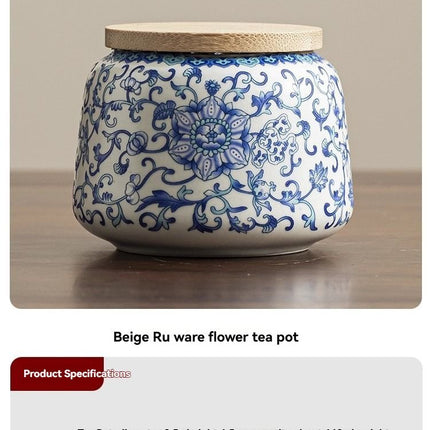 Ru Kiln tea jar, blue-and-white ceramic canister, airtight tea storage, floral tea container, Australian tea accessory - Cyan - Size 9