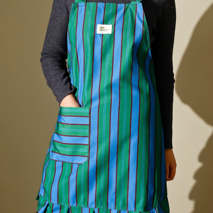 vertical striped apron, lace apron, apron with pocket, H-shaped apron, adjustable waist apron, kitchen apron, barbecue apron, gardening apron, Australian home apron - light blue - Size M