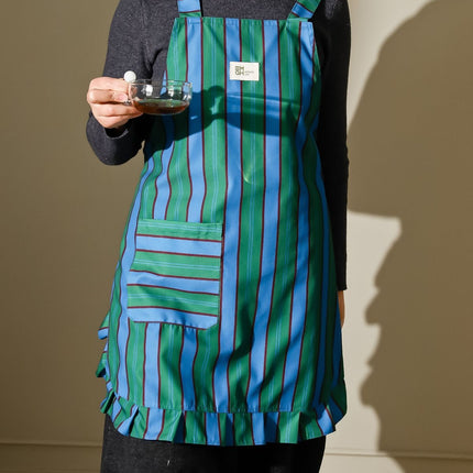 vertical striped apron, lace apron, apron with pocket, H-shaped apron, adjustable waist apron, kitchen apron, barbecue apron, gardening apron, Australian home apron - Navy - Size M