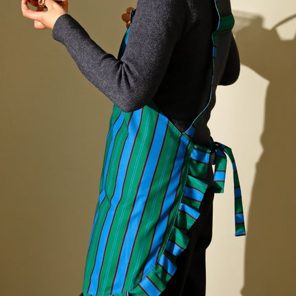 vertical striped apron, lace apron, apron with pocket, H-shaped apron, adjustable waist apron, kitchen apron, barbecue apron, gardening apron, Australian home apron - Navy - Size M