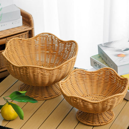 Hand-Woven Basket Flower-Shaped Basket Fruit Basket Vegetable Basket Storage - Khaki - Size M