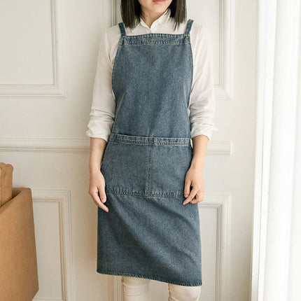 denim apron, kitchen apron, Japanese-style apron, work apron, unisex apron, apron with pockets, barista apron, cooking apron, men's denim apron, women's denim apron - light blue - Size M
