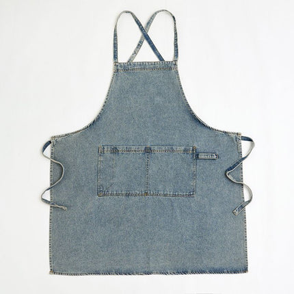 denim apron, kitchen apron, Japanese-style apron, work apron, unisex apron, apron with pockets, barista apron, cooking apron, men's denim apron, women's denim apron - Navy - Size M
