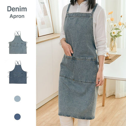 denim apron, kitchen apron, Japanese-style apron, work apron, unisex apron, apron with pockets, barista apron, cooking apron, men's denim apron, women's denim apron - Navy - Size M