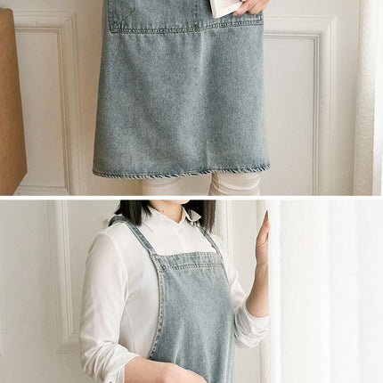 denim apron, kitchen apron, Japanese-style apron, work apron, unisex apron, apron with pockets, barista apron, cooking apron, men's denim apron, women's denim apron - Navy - Size M